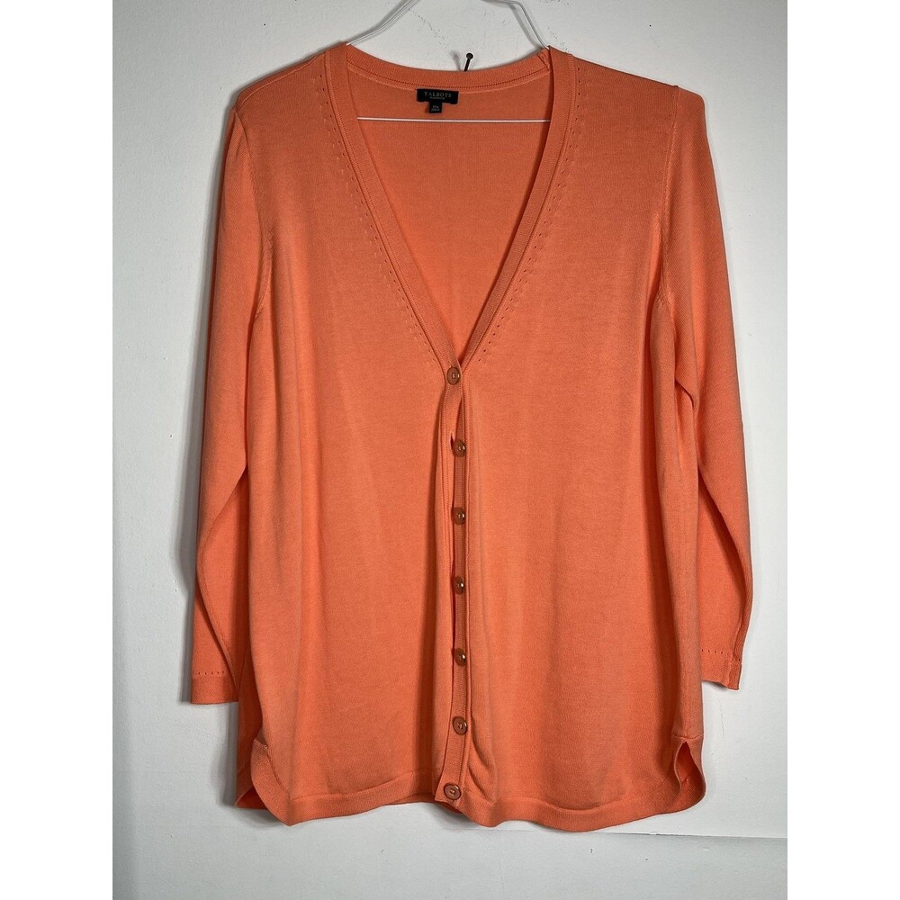 Talbots Cardigan Sweater Women's Petite 1XP 1X Orange Knit V Neck Long Sleeve